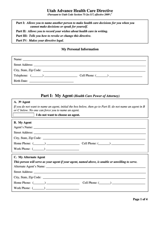 Utah Advance Health Care Directive Form printable pdf download