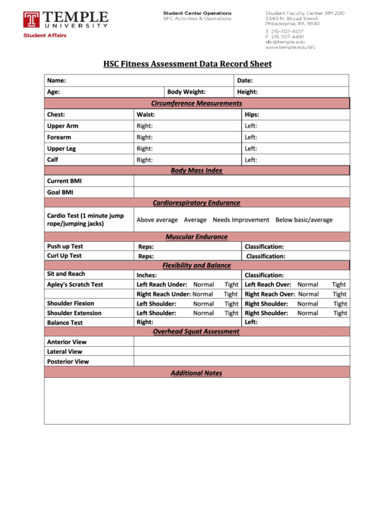 Hsc Fitness Assessment Data Record Sheet Printable pdf