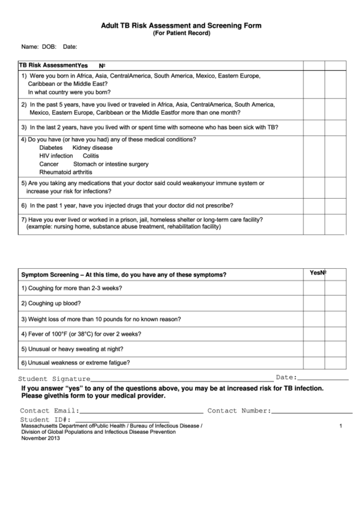 Fillable Adult Tb Risk Assessment Printable pdf