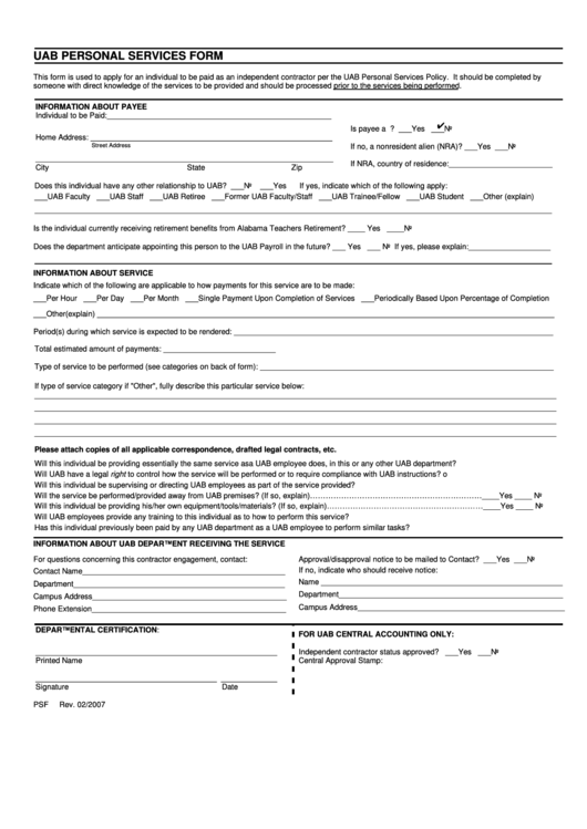 Fillable Uab Personal Services Form Printable pdf