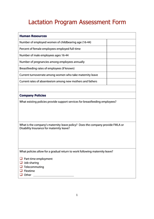 Lactation Program Assessment Form Printable pdf