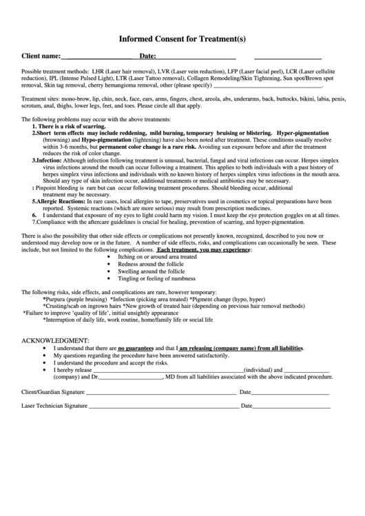 Informed Consent For Treatment(S) Printable pdf