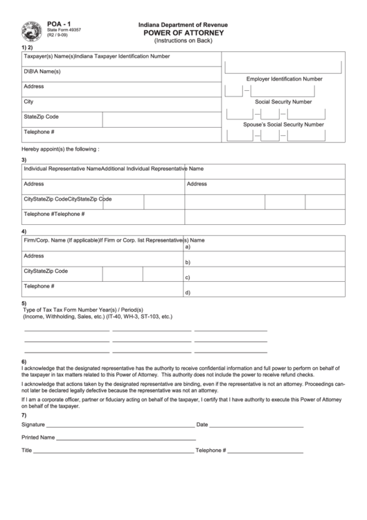 Fillable Form Poa - 1 - Power Of Attorney (2009) Printable pdf