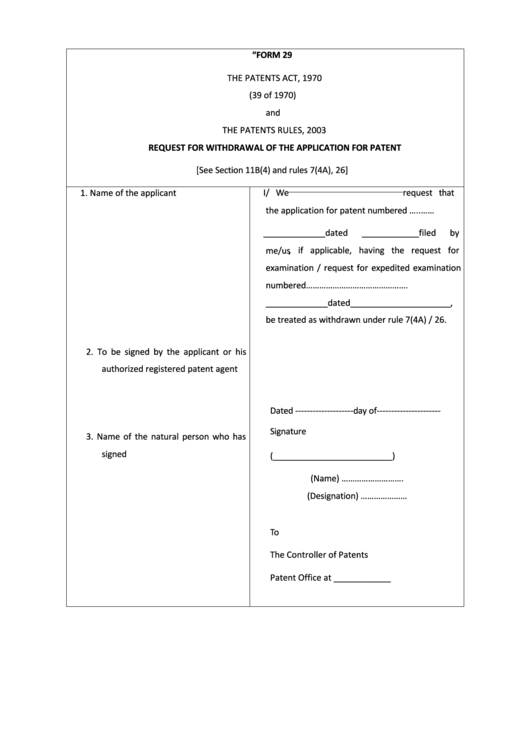 Request For Withdrawal Of The Application For Patent Printable pdf