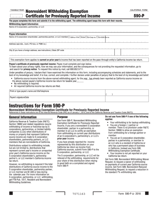 California Form 590-P - Nonresident Withholding Exemption Certificate For Previously Reported Income Printable pdf