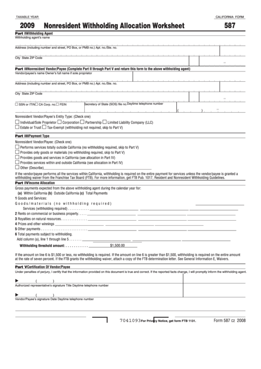 Fillable Form 587 Ca , 2009 Printable pdf