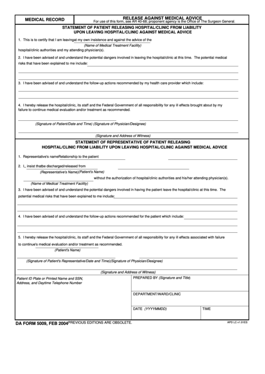 Fillable Release Against Medical Advice Printable pdf