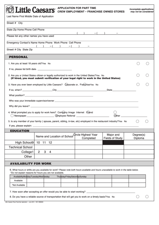 Fillable Little Caesars Application Form Printable pdf