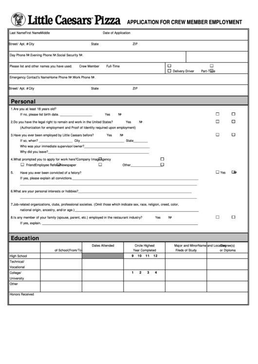 Application Form For Crew Member Employment Printable pdf