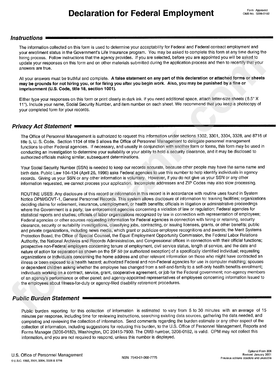 Declaration For Federal Employment