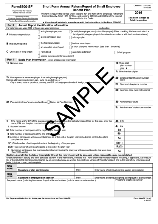Fillable Form 5500-Sf Sample - Short Form Annual Return/report Of Small Employee Benefit Plan - 2016 Printable pdf