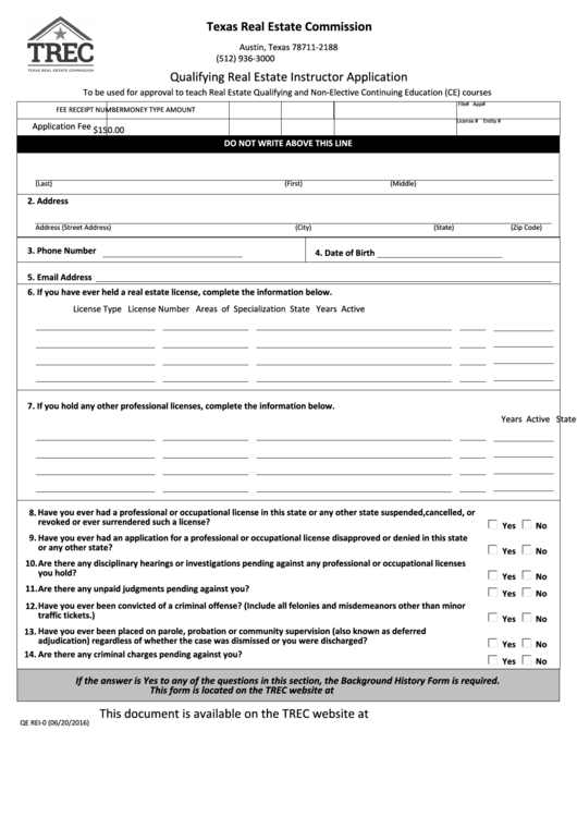 Qualifying Real Estate Instructor Application Form - Texas Real Estate Commission Printable pdf