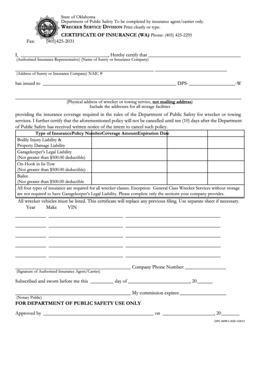 Fillable Certificate Of Insurance (Wa) Form - State Of Oklahoma Printable pdf