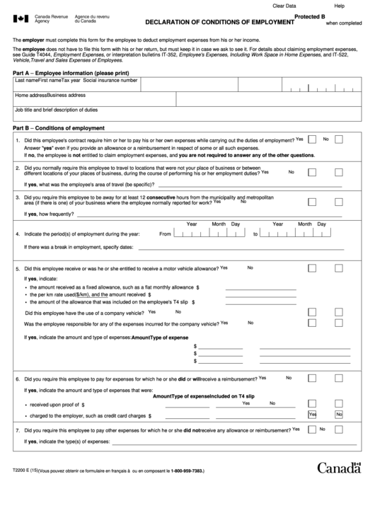 Form T2200 E - Declaration Of Conditions Of Employment