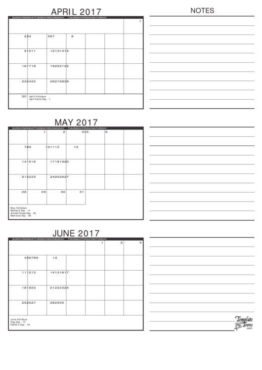 April, May, June 2017 Calendar Template Printable pdf
