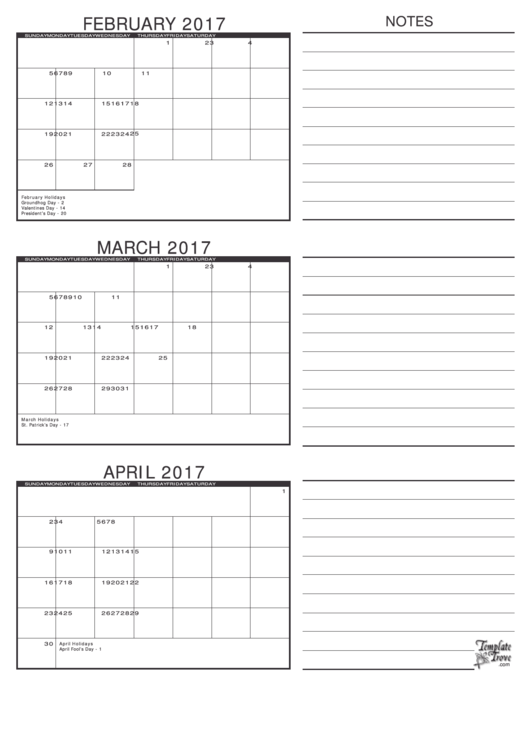 February, March, April 2017 Calendar Template Printable pdf