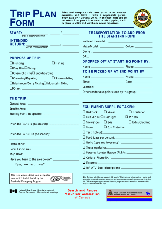 Search And Rescue Volunteer Association Of Canada -Trip Plan Form Printable pdf