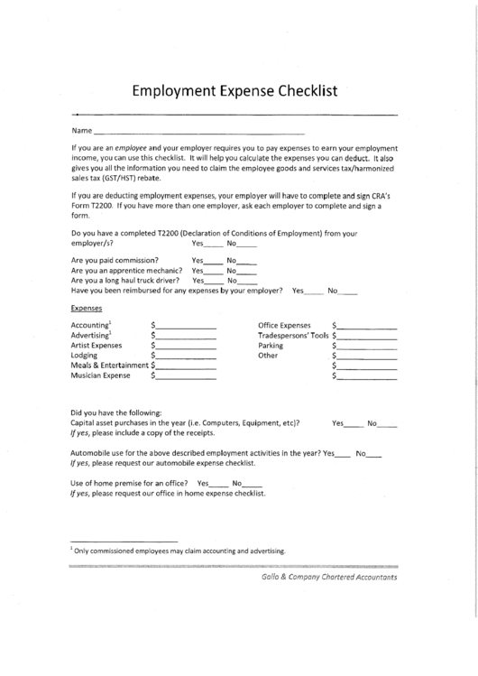 Employment Expense Checklist (Cra Form T2200) Printable pdf