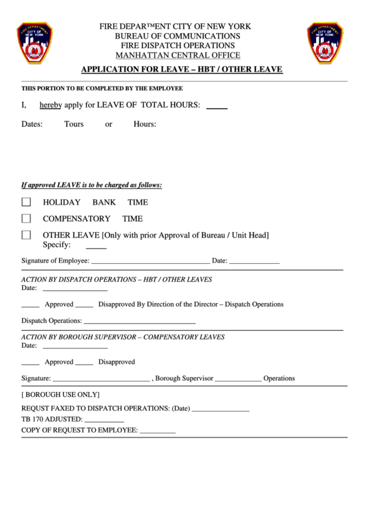Fillable Application For Leave - Hbt / Other Leave Printable pdf