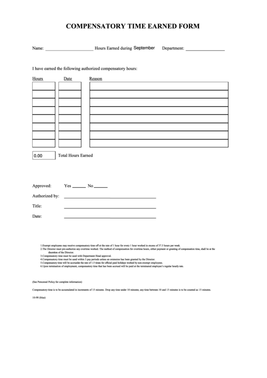 Fillable Compensatory Time Earned Form Printable pdf