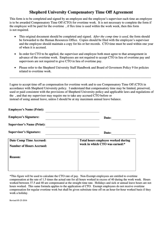 Compensatory Time Off Agreement Template Printable pdf