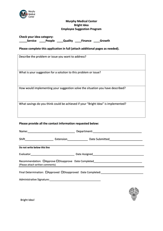 Employee Suggestion Program - Bright Idea Form Printable pdf