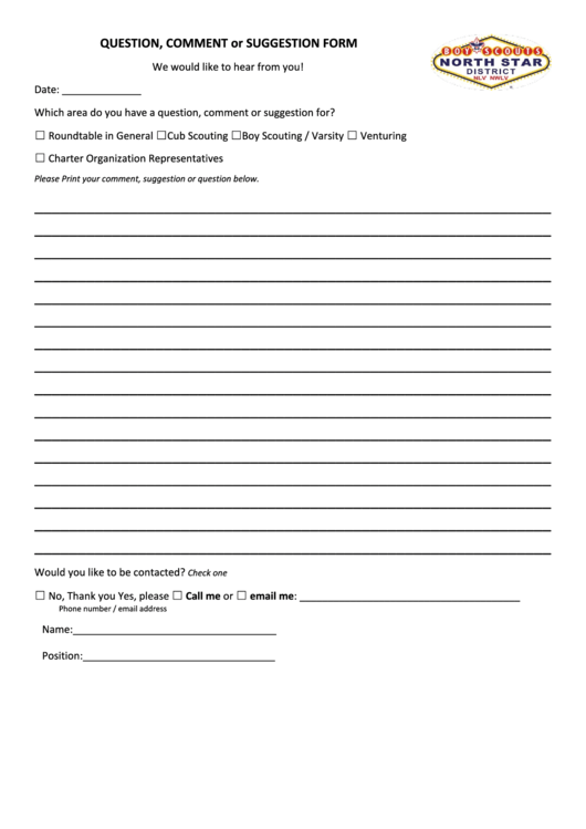 Question, Comment Or Suggestion Form Printable pdf