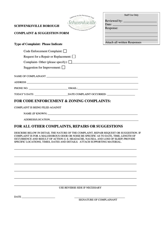 Schwenksville Borough Complaint & Suggestion Form Printable pdf