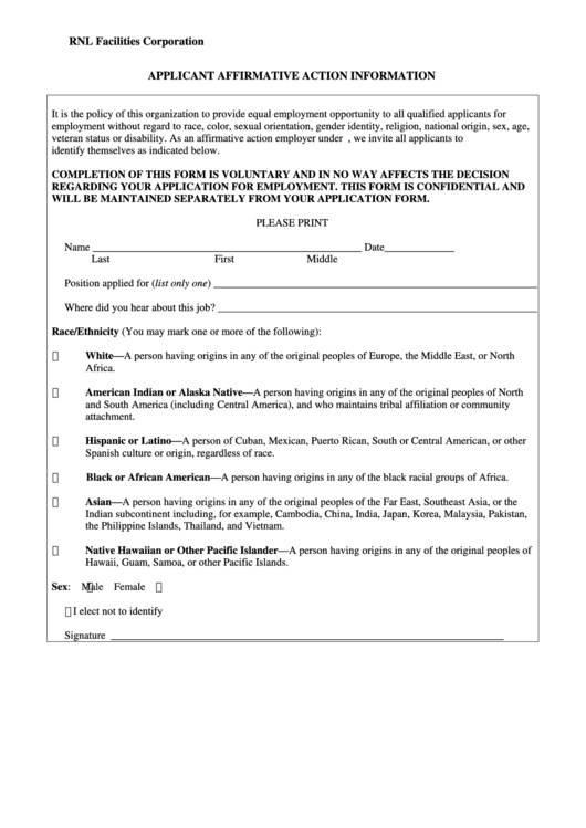 Applicant Affirmative Action Information Form Printable pdf