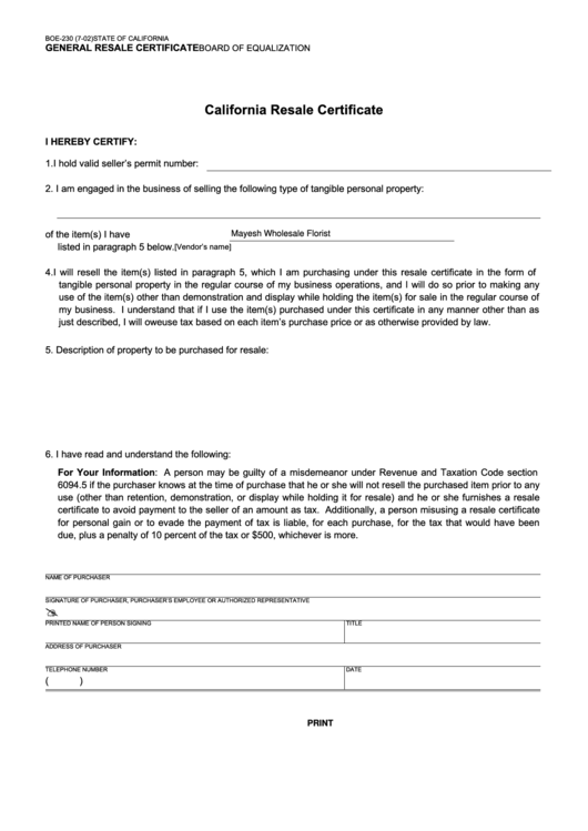 Fillable Form Boe-230 - California Resale Certificate Printable pdf
