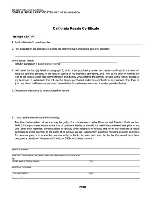 Fillable Form Boe-230 - California Resale Certificate/form Boe-230-M - Partial Exemption Certificate For Manufacturing, Research And Development Equipment Printable pdf