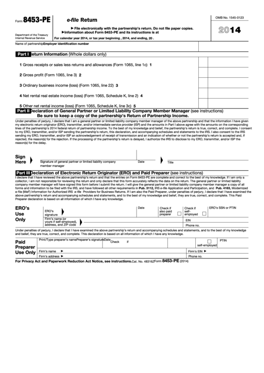 Fillable Form 8453-Pe - U.s. Partnership Declaration For An Irs E-File Return (2014) Printable pdf