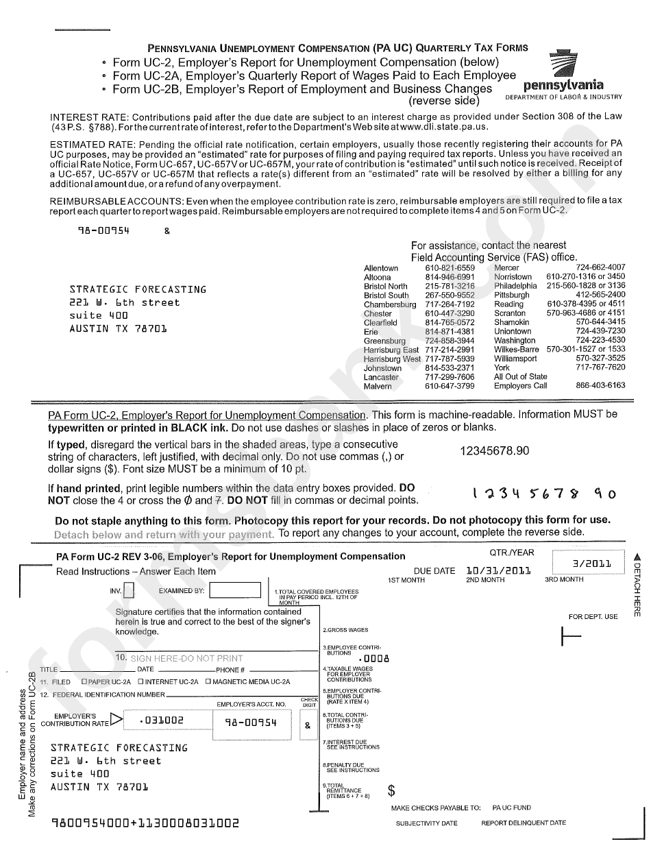 Form Uc-2 (Uc-2f, Uc-2b) - Pennsylvania Unemployment Compensation (Pa Uc) Quarterly Tax Forms