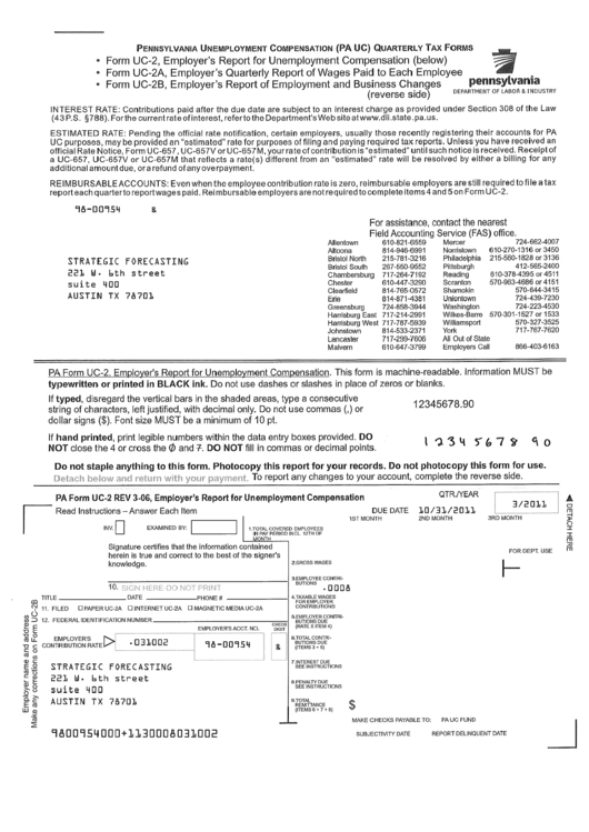Form Uc-2 (Uc-2f, Uc-2b) - Pennsylvania Unemployment Compensation (Pa Uc) Quarterly Tax Forms Printable pdf