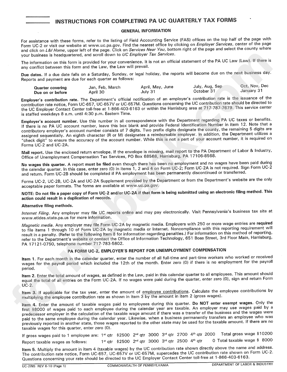 Form Uc-2 (Uc-2f, Uc-2b) - Pennsylvania Unemployment Compensation (Pa Uc) Quarterly Tax Forms