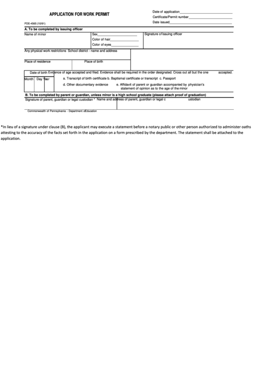 Application Form For Work Permit - Horizontal Printable pdf