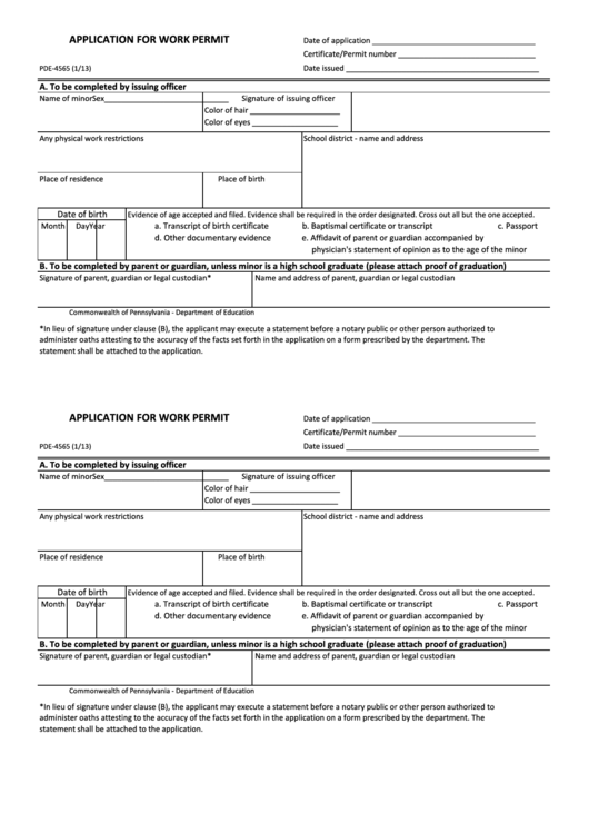 Application Form For Work Permit - Commonwealth Of Pennsylvania