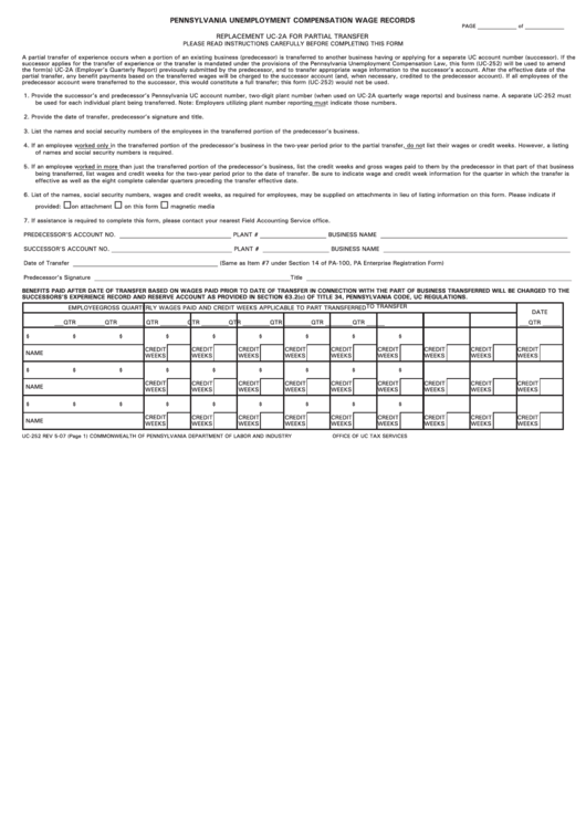 Form Uc-252 - Pennsylvania Unemployment Compensation Wage Records Printable pdf
