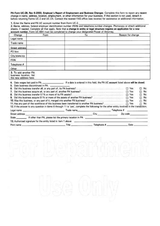 Pa Form Uc-2b, Rev 6-2000, Employer's Report Of Employment And Business Changes