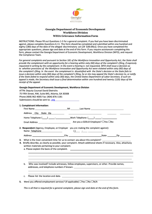 Wioa Grievance Information Form - Georgia Department Of Economic Development Workforce Division Printable pdf