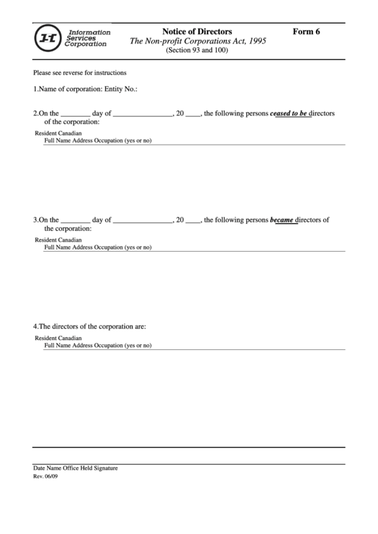 Form 6 - Notice Of Directors Printable pdf