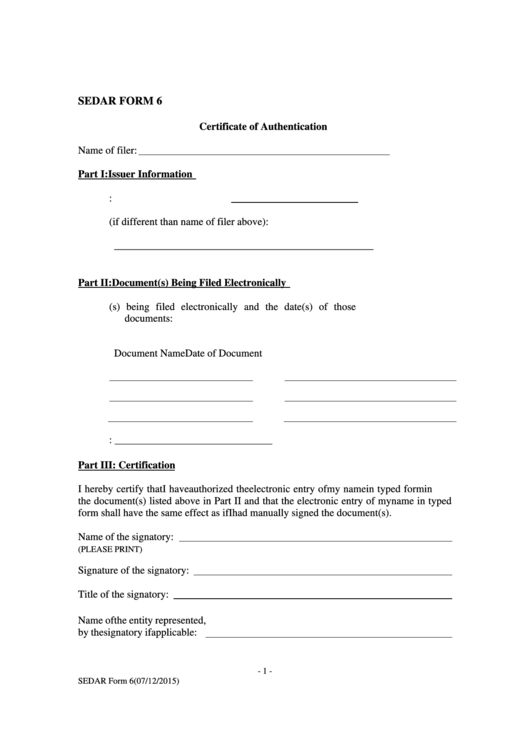 Sedar Form 6 - Certificate Of Authentication Printable pdf