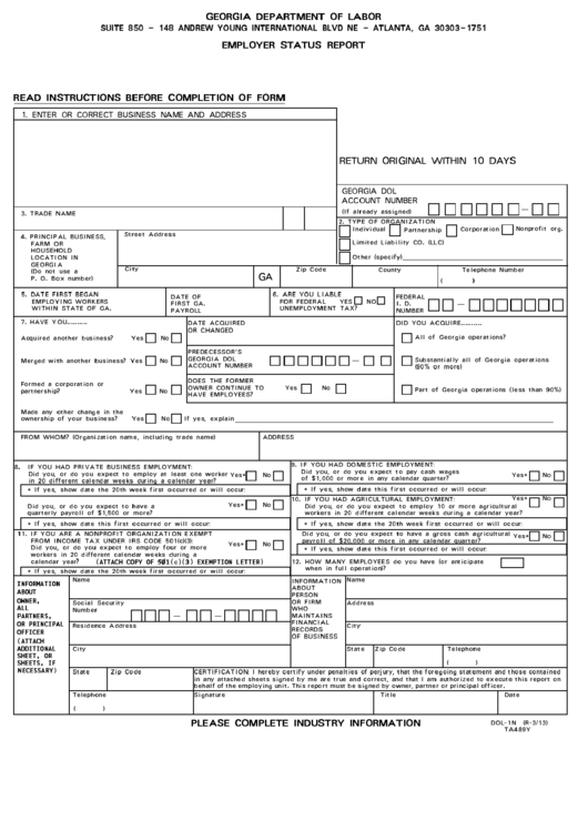 Fillable Form Dol-1n - Employer Status Report Printable pdf