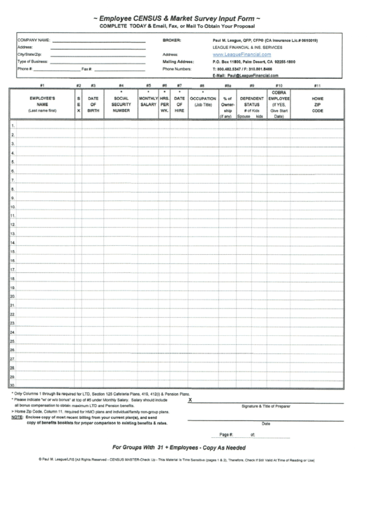 Employee Census & Market Survey Input Form Printable pdf