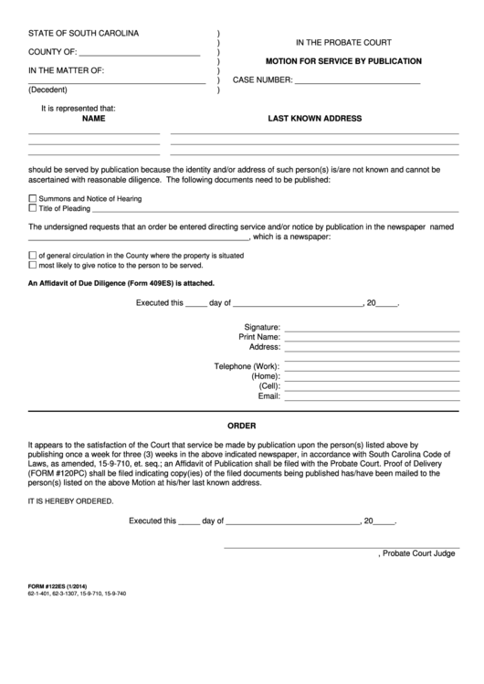 Form 122es - Motion For Service By Publication - South Carolina Probate Court Printable pdf
