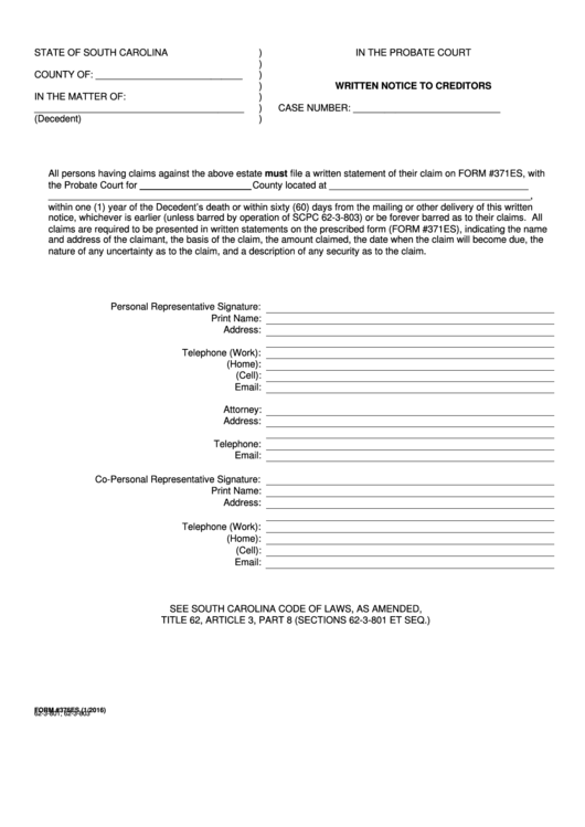 Written Notice To Creditors Printable pdf