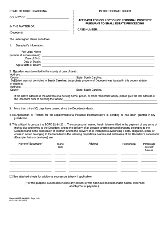 Form 420es - Affidavit For Collection Of Personal Property Pursuant To Small Estate Proceeding Printable pdf