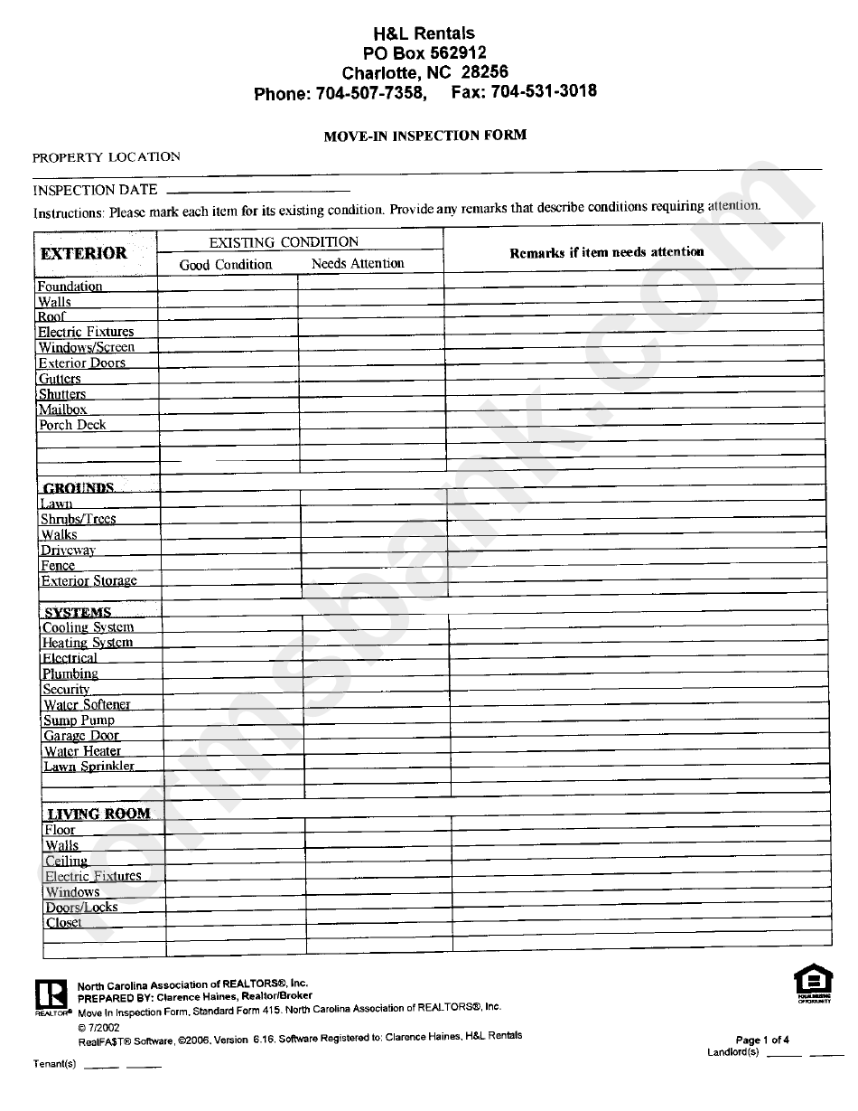 Standard Form 415 - Move-In Inspection Form
