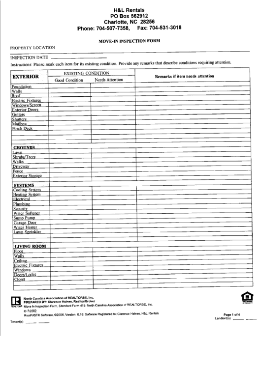 Standard Form 415 - Move-In Inspection Form Printable pdf