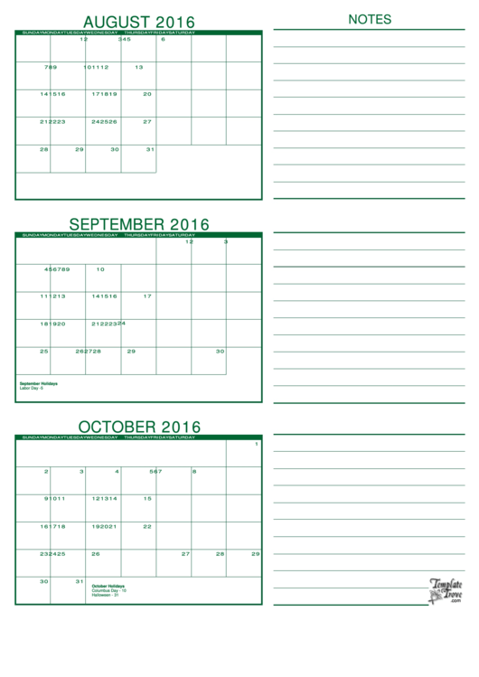 August, September, October 2016 Calendar Template Printable pdf